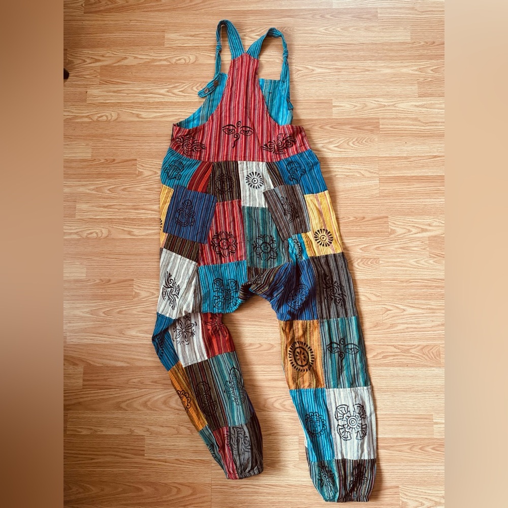Rising International Boho Hippie Patchwork Overalls 100% Cotton Women’s Size L - Picture 5 of 5